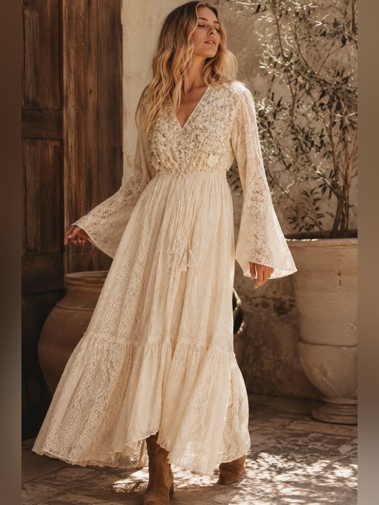 Dresses & Skirts - 1.LAST 1! EUROPE/cream sequin lace Embroidered Boho Maxi Dress embellishment